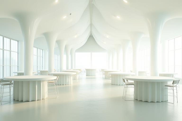 Interactive 3D rendering of a large white marquee with different seating layouts for a wedding, enabling guest count selection.