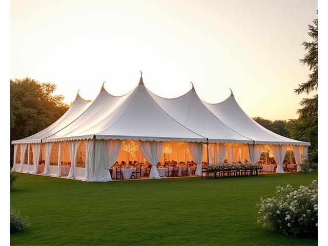 Traditional pole marquee setup for a classic wedding with pointed roofs and draped interiors.