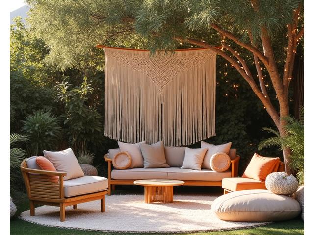 Bohemian chic themed event with macramé hangings, natural wood elements, and plush floor cushions for cozy lounge spaces.