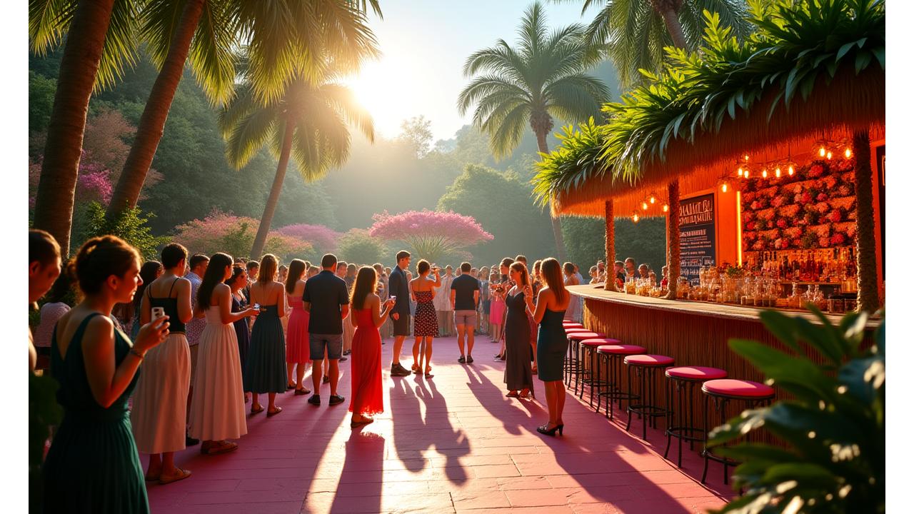 Stunning tropical themed event setup with guests interacting and taking photos, vibrant and energetic atmosphere.