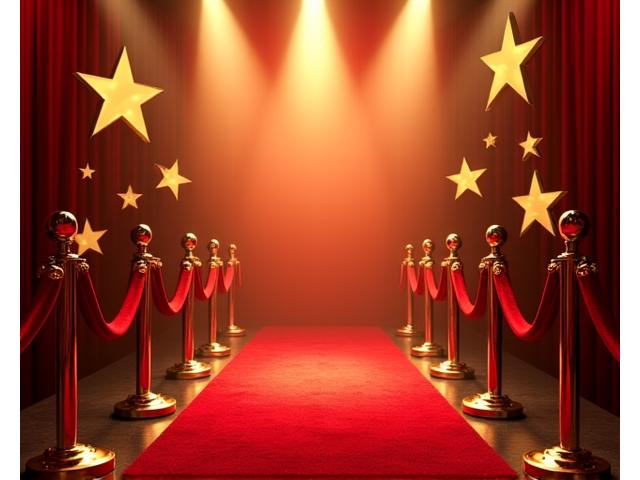 Hollywood glamour themed event with a red carpet, velvet ropes, spotlights, and a 'Walk of Fame' section.