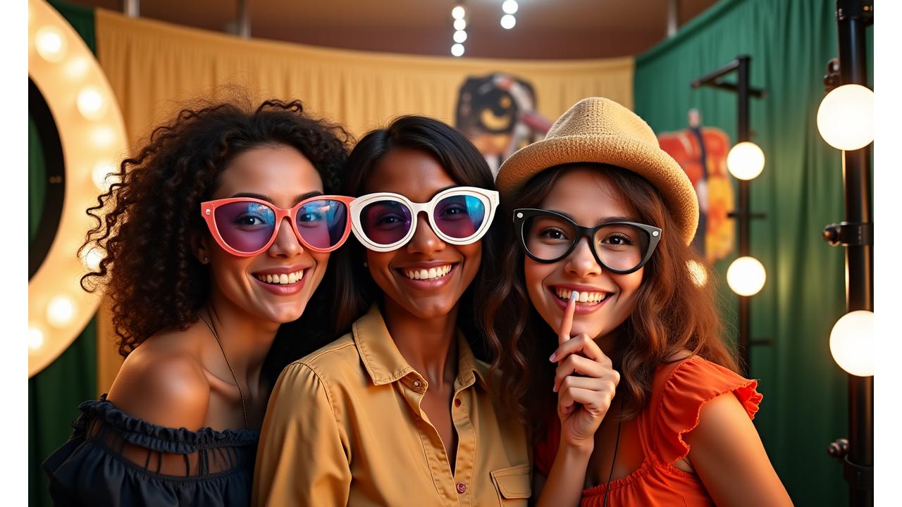 Photo booth setup with vibrant lighting and people posing with fun, themed props.