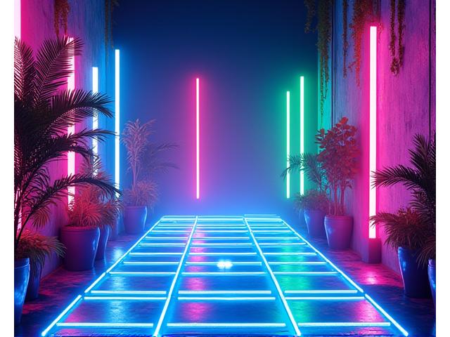 Neon and glow themed party with UV-reactive decor, LED lighting, and futuristic geometric shapes.