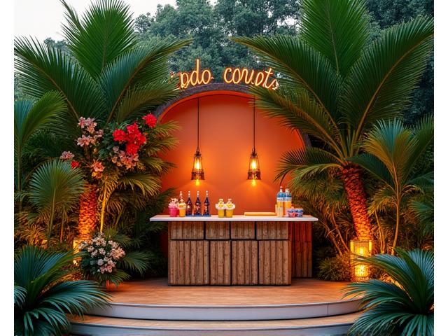 Tropical paradise themed event with vibrant green palm trees, colorful floral arrangements, and a tiki bar.