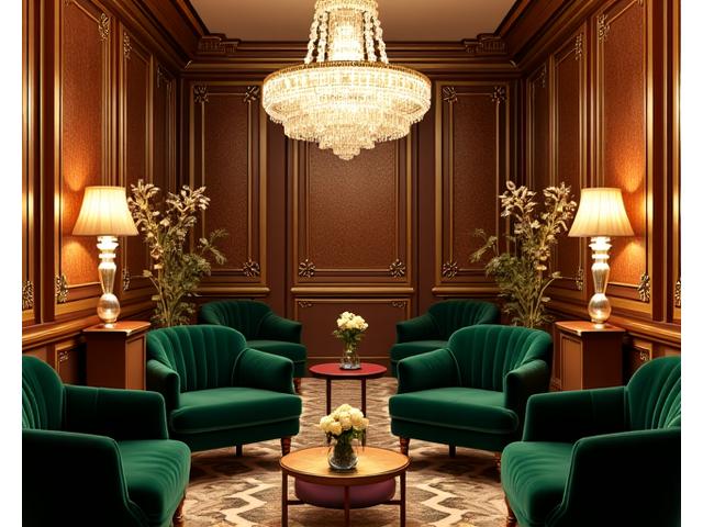 Vintage glamour themed event with Art Deco gold accents, plush velvet furniture, and sparkling chandeliers.
